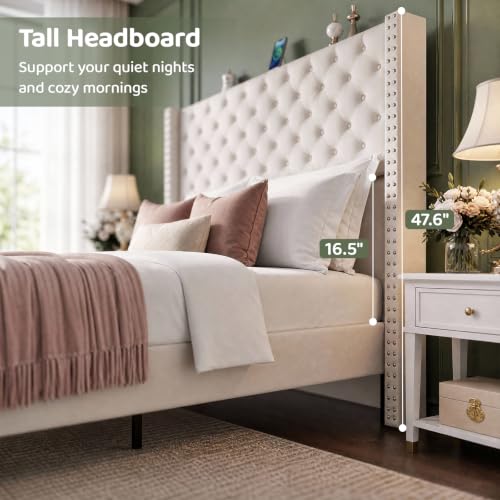 Queen Upholstered Bed Frame with RGB LED Lights and Charging Station