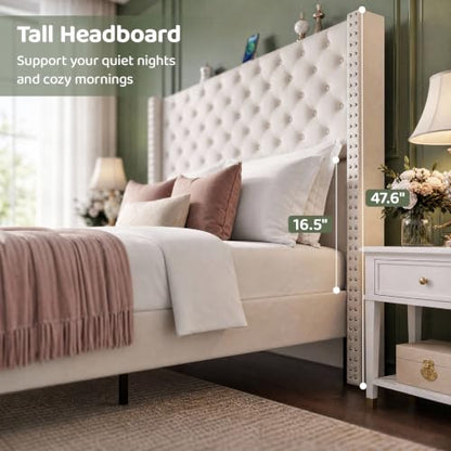 Queen Upholstered Bed Frame with RGB LED Lights and Charging Station