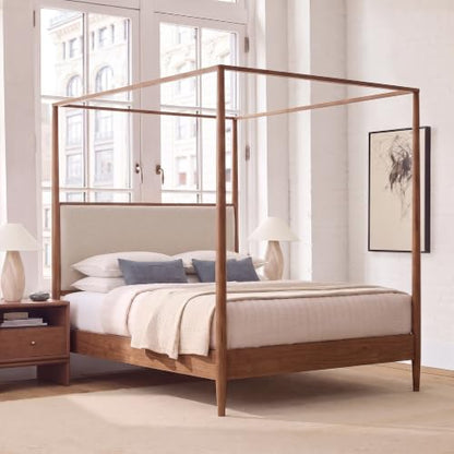 Canopy Bed Frame Queen Size with Tall Upholstered Headboard, Walnut