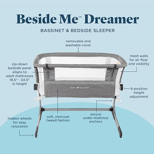Beside Me Dreamer Bassinet | Bedside Sleeper | 7-Position Height Adjustment | Charcoal Tweed
