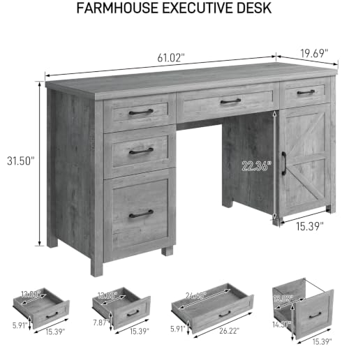Farmhouse 61'' Executive Desk with 5 Drawers,Grey