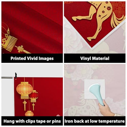 AOFOTO 8x8ft Happy Chinese New Year Backdrop China Spring Festival Lunar Year of The Horse Decoration Banner Paper Cut Flowers CNY Lanterns 2026 Background Party Supplies Photoshoot Studio Props - size: 8x8ft