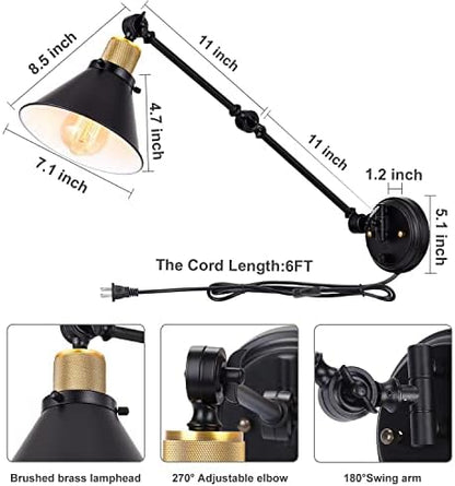 TRLIFE Plug in Wall Sconces, Dimmable Wall Sconce Swing Arm Wall Lights Plug in, Adjustable Wall Mounted Light Wall Lights with 6FT Plug in Cord, E26 Base(Two Arms, 2 Pack)