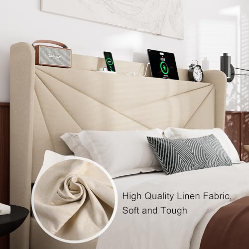 Queen Size Bed Frame with Charging Station, Linen Upholstered Platform Bed Frame with Wingback Storage Headboard, Solid Wood Slats Support, No Box Spring Needed, Noise Free, Beige