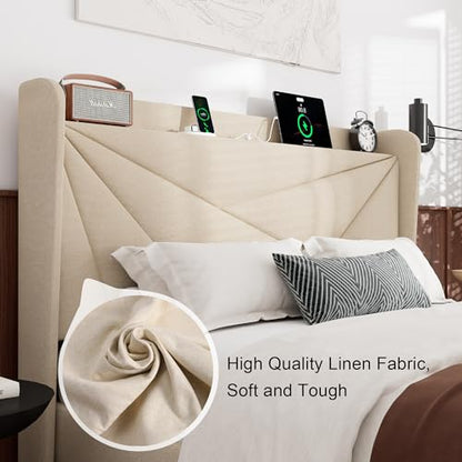 Queen Size Bed Frame with Charging Station, Linen Upholstered Platform Bed Frame with Wingback Storage Headboard, Solid Wood Slats Support, No Box Spring Needed, Noise Free, Beige