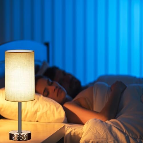 Touch Control Nightstand Light Bedside Table Lamp with USB C Charging Ports Alarm Clock 3 Way Dimmable Lamp for Bedroom Living Room Home（Gray） Thanksgiving Gifts