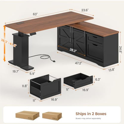 Farmhouse L Shaped Executive Standing Desk with Storage Drawers