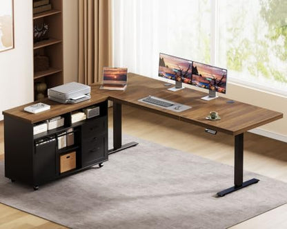 OffiGo 71 Inch Executive L-Shaped Electric Standing Desk, Walnut & Black