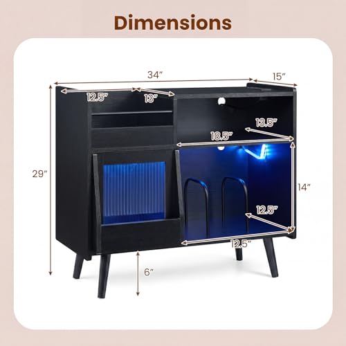 Large Record Player Stand with LED Light & Sliding Door, Black