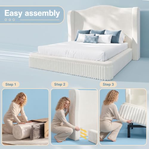 Queen Size Cloud Bed Frame with 49.61" Wingback Headboard, White