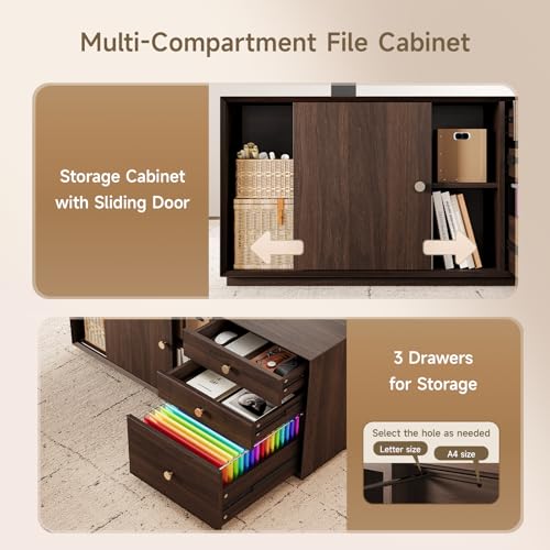 63" L Shaped Standing Desk w/File Cabinet, Sit Up Desk, Walnut