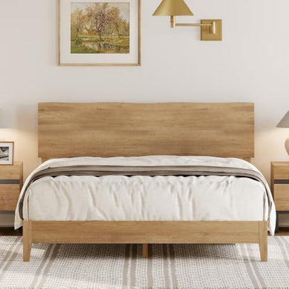 Queen Bed Frame with Wave Headboard, Solid Wood Legs, Oak