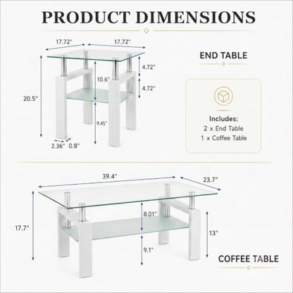 3-Piece Coffee Table Set, Glass Coffee Table with 2 End Tables