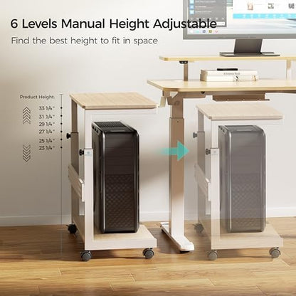 EUREKA ERGONOMIC PC Stand Computer Cart, Height Adjustable Tower Stand 2-Tier Suit for ATX Case Printer, Metal Rolling Cart on Wheels for Gaming Home Office, Maple