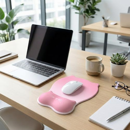 Gel Mouse Pad with Wrist Rest for Mouse Ergonomic Cat Mouse Wrist Rest Non-Slip Silicone Cute Mousepad with Wrist Support for Computer Desk Gaming Laptop Home Office Desk Accessories Pink