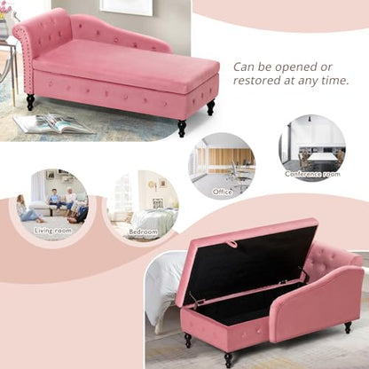 Velvet Chaise Lounge w/Left Armrest & Storage Space, Pink