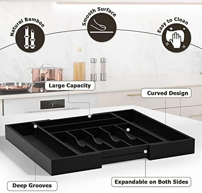 Utensil Organizer Silverware Drawer Organizer - Bamboo Expandable Cutlery Tray with Dividers for Utensil Holder Office Storage Makeup Desk Drawer Tool Organization W13.5"-19.5" x L17.5" x H2.5"(Black)