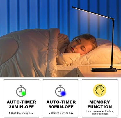 Led Desk Lamp, Desk Lamp with USB Charging Port, 5 Color Modes, 10 Brightness, Natural Light, Eye Caring Reading Lamp, Desk Light for Home Office, Table Lamp, Touch Control, Auto-Timer, Black