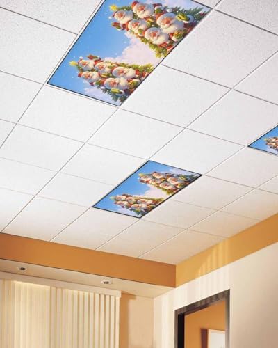 Christmas Magnetic Fluorescent Light Covers for Ceiling Lights 2 x 4 Feet,Santa Claus Christmas Tree Snowflakes Blue Office Classroom Kitchen Drop Ceiling Light Covers Filters Shade Panel 1 Pack