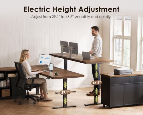 OffiGo 71 Inch Executive L-Shaped Electric Standing Desk, Walnut & Black