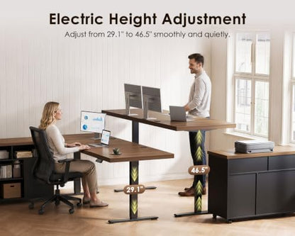 OffiGo 71 Inch Executive L-Shaped Electric Standing Desk, Walnut & Black