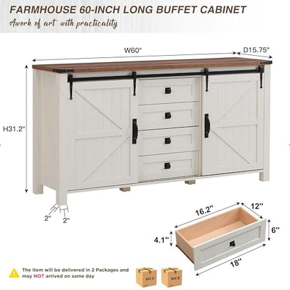 60" Wide Farmhouse Sideboard Buffet Cabinet, Antique White