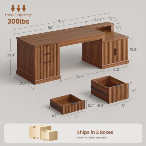 70.9" Executive Desk, Fluted Office Desk with Drawers, Brown