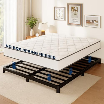 Queen Bed Frame, 4 Inch Low Profile Metal Platform Bed with Round Legs