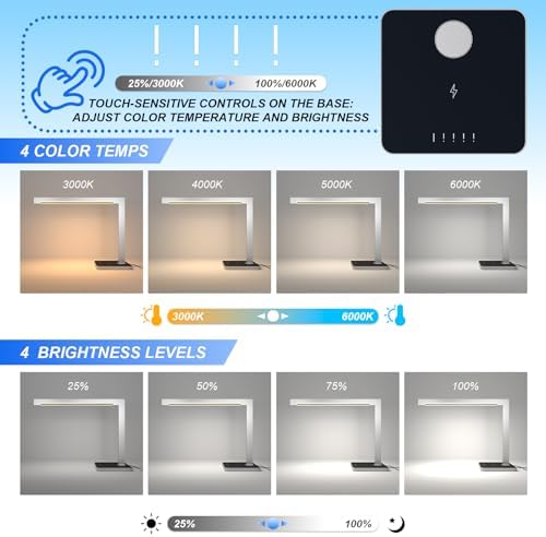 Aluminum LED Desk Lamp with Charging Station, 15W Table Lamp Work