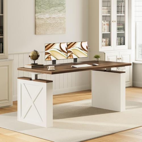 Farmhouse 55 Inch Electric Standing Desk, Walnut+White