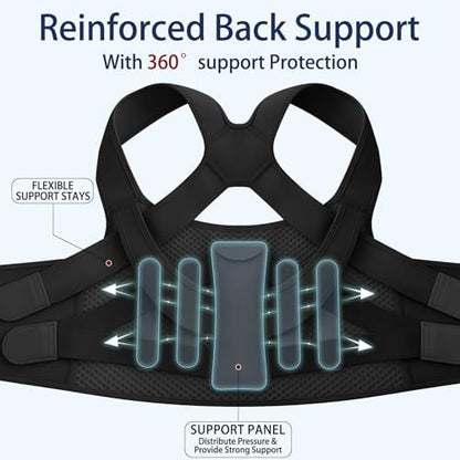 Posture Corrector for Women and Men, Adjustable Back Brace with Shoulder Support and Lumbar Support Belt, Full Back Support Posture Trainer for Spine Alignment, Upper Back, Neck, Shoulder, Lower Back Support, Slouching and Hunchback (Black, Large)