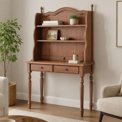 Mid-Century Desk with 2 Drawers, Hutch and Storage Shelves