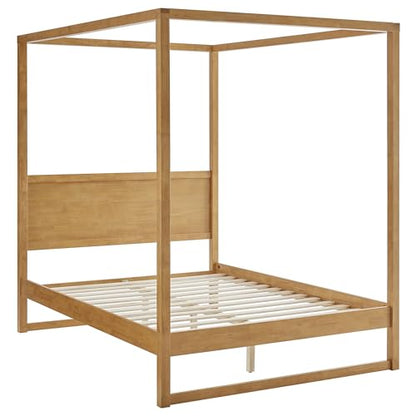 Alva King Size 4-Post Wood Platform Canopy Bed in Oak – with Headboard and Solid Rubberwood Frame