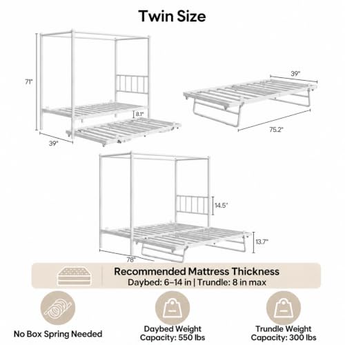Twin Daybed with Trundle, Canopy Bed with Pop Up Trundle, White