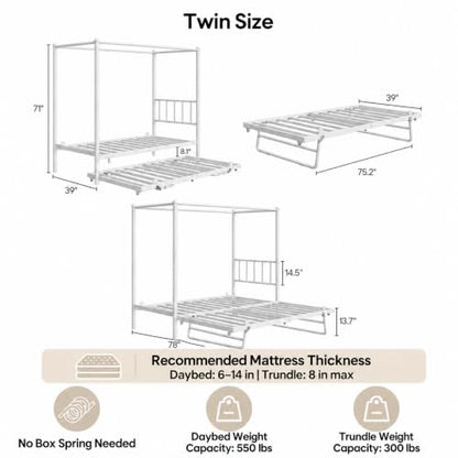 Twin Daybed with Trundle, Canopy Bed with Pop Up Trundle, White