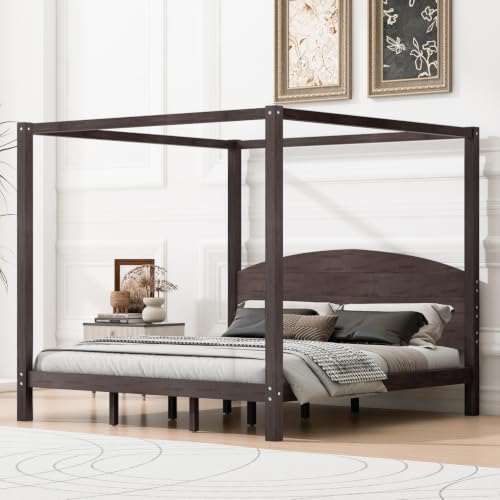 Wood King Size Canopy Bed Frame with Headboard and Storage, Brown