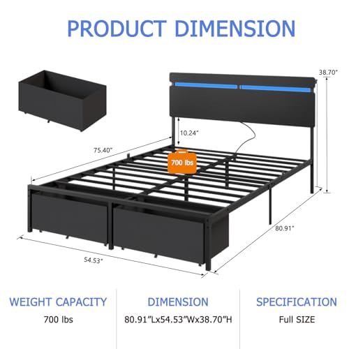 Full Size Bed Frame with Wood Headboard,2 Storage Drawers & Shelf