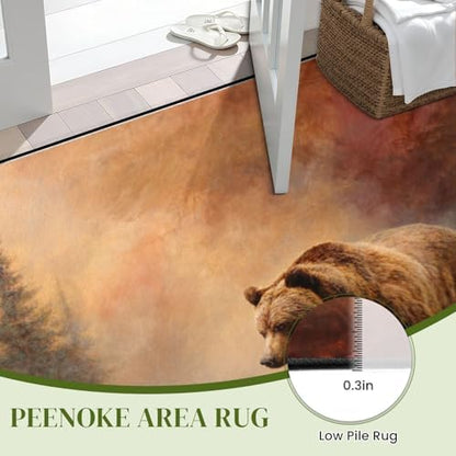 Serene Bear Among Pine Trees Ethereal Misty Landscape Area Rug Outdoor Patio Rug Play Mat Modern Floor Carpet Non-Slip Home Decor Living Room Kids Bedroom Nursery, 9x12 ft