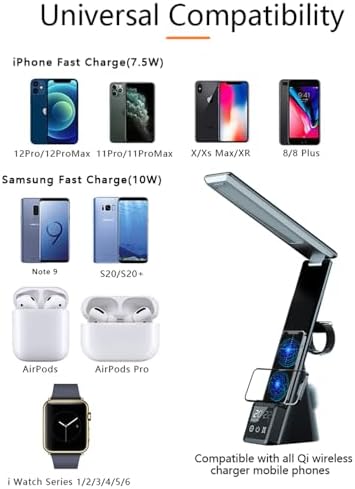 AYI 6in1 Multifunctional Foldable LED Table Lamp with Wireless Charger Digital Alarm Clock Eye-Care Lighting 3 Color Modes 15W Qi Charger for Phone/Headphones, iWatch Charger Compatible-N61 Black.