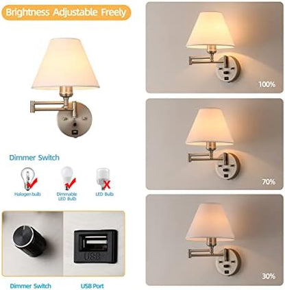 Swing Arm Wall Sconces, Plug-in Wall lamp,Bedroom Wall lamp ， White Fabric Shade，，with dimmable Switch and USB Charging Port, Suitable for Bedside, Living Room, Reading (Nickel)
