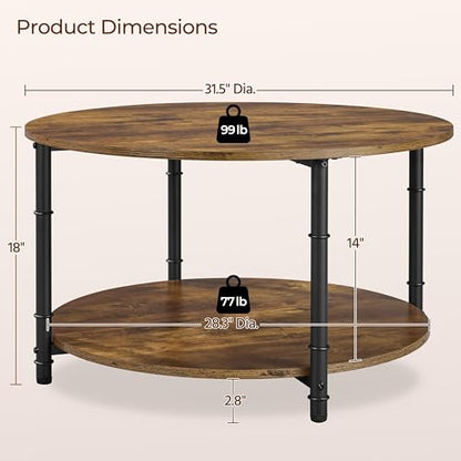 Round Coffee Table with Storage Shelf, 2-Tier 31.5" Rustic Brown