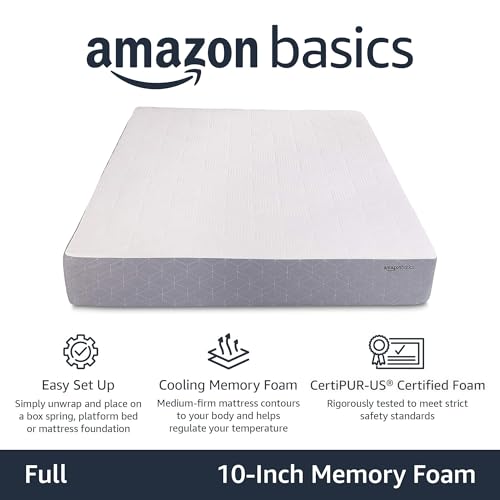 Medium-Firm Memory Foam Mattress with Cooling Gel, CertiPUR-US Certified Foam, Full Size, 75 x 54 x 10 inches, White/Gray
