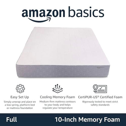 Medium-Firm Memory Foam Mattress with Cooling Gel, CertiPUR-US Certified Foam, Full Size, 75 x 54 x 10 inches, White/Gray