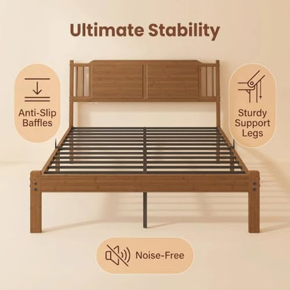 Bamboo Full Bed Frame with Farmhouse Headboard, Warm Brown Color