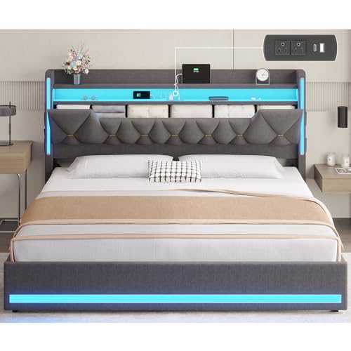 California King Bed Frames with Storage Headboard and LED Lights