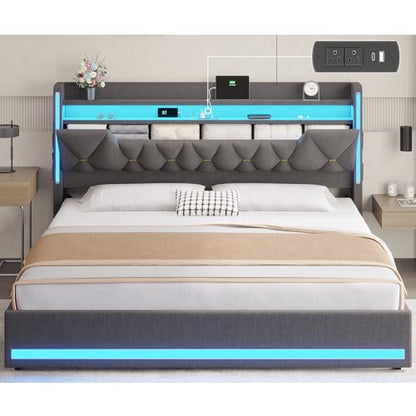 California King Bed Frames with Storage Headboard and LED Lights