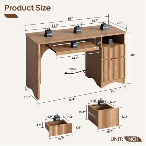 55 Inch Computer Desk with Drawers, Power Outlet, Brown Oak