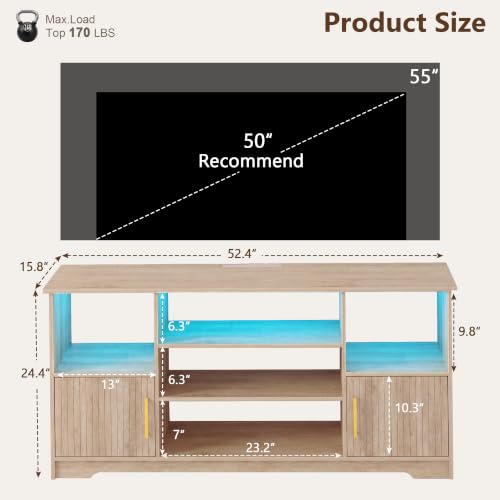 TV Stand for 55 inch with LED Light & Charging Station, Natural