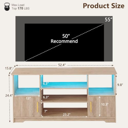 TV Stand for 55 inch with LED Light & Charging Station, Natural