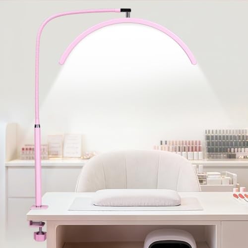 Professional Half Moon LED Desk Light for Nail Techs & Artists – Flexible Gooseneck Lamp with Clamp, 3 Color Modes & 5 Brightness Levels for Manicure, Tattoo, Beauty Work